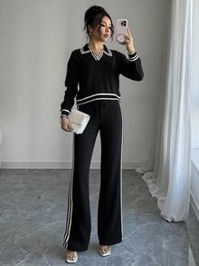 Conjunto de Suéter de Moda para Mujer - Top de Manga Larga y Pantalones Anchos - Variedad de Colores - Cálido y Cómodo - Ideal para el Otoño e Invierno - Negro - Ver 3