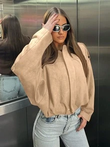 MUMRAP Women Casual Street Fashion Turndown Collar Jacket Vintage Long Sleeve Zipper Loose Coat - 卡其色 - 查看 2
