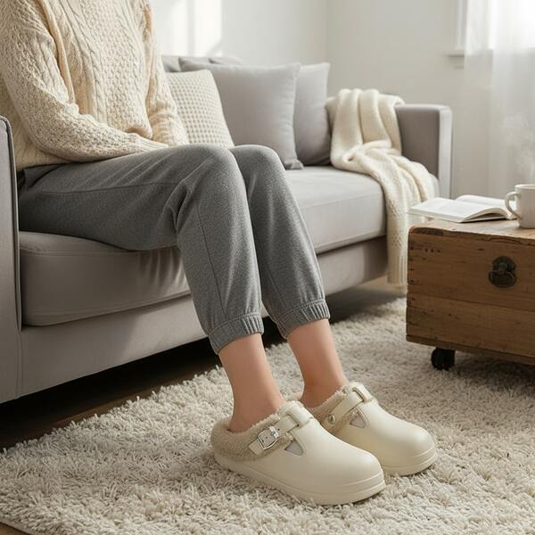 Damen einfarbige dicke und warme Hausschuhe, leicht verstellbares Schnalldesign