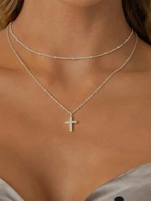 1pc 925 Sterling Silver Double-Layer Cross Necklace For Women, Minimalist Clavicle Chain, Unique Design Birthday Gift For Girlfriend, Christmas Anniversary Jewelry