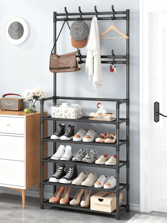 1pc 4-6 Tier Multifunctional Shoe Rack With 8 Hooks, High Capacity Multi-Layer Shoe Storage Rack, Suitable For Dorm, Bedroom, Hallway, Can Store Shoes, Coats And Keys, Home Decor