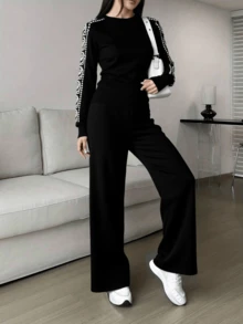 Juego de Suéter de Moda para Mujeres - Conjunta de Manga Larga y Pantalones Anchos, Variedad de Colores, Cálido y Cómodo, Perfecto para el Otoño e Invierno - Negro - Ver 3