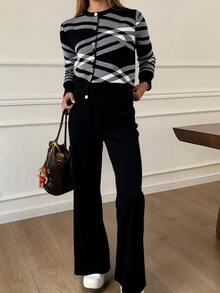 Conjunto de Mujer de 2 Piezas - Suéter de Manga Larga y Camisa con Pantalones Largos, Diseño Moderno, Multicolor, Suave y Abrigado para el Otoño e Invierno, Ideal para un Look Elegante y Acogedor. - Negro - Ver 3