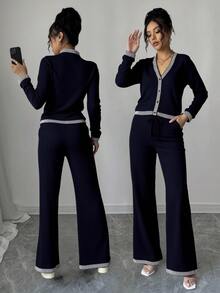 Conjunto de Dama de 2 Piezas - Blusa de V con Mangas Largas y Pantalones Largos - Diseño Moderno, Suave y Cálido, Ideal para Otoño e Invierno - Prenda Acolchada y de Peluche - Negro - Ver 1