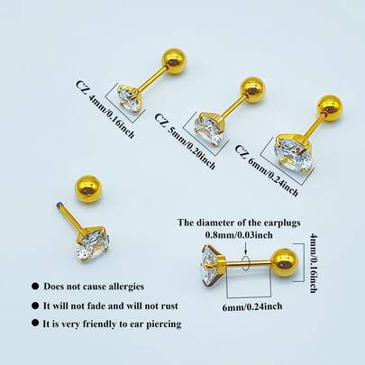 3 Paar 20G 316 Edelstahl runde Ohrstecker/Zirkonia Ohrstecker/4mm/5mm/6mm elegante, einfache und modische Ohrstecker für Damen und Herren