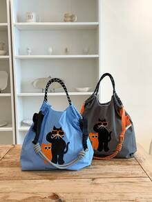 New Women's One Shoulder Bag, Japanese Embroidered Cat Design, Large Capacity Tote Bag, Lightweight And Foldable, Suitable For Commuting, Travel, Party, Surprise Gift, Christmas Gift, Large Capacity Handbag, Commuter Bag, Women's Bag