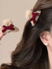 2pcs Red Bow Plush Grab Clip For Women's Autumn And Winter Small Size, Daily High-End Feeling, Cute Hair Clip, Side Notch Clip, New Hair Claw