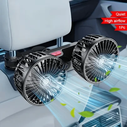 USB Interface Car Electric Fan, Rear Double-Head Car Fan, Large Air Volume, Multi-Speed Adjustment, Multi-Angle Rotation, Suitable For Back Seat Backrest, Strong Wind, Suitable For All Types Of Cars, Car And Home, Sea Beach Vacation, Picnic Travel Summer Essential