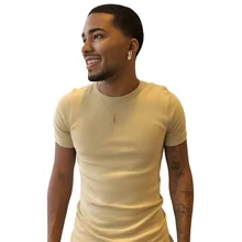 Men's American Ribbed Blouse Fitted Short Sleeve Round Neck Cotton Elastane T-Shirts - Burgundy - View 2