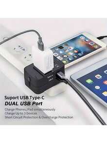 通用旅行适配器，带 1 个 USB 和 1 个 Type-C 充电端口，100-240V 输入，适用于电脑配件的电源适配器，美国/英国/澳大利亚插头，电涌保护，适用于 150 多个国家/地区，商务旅行必备，适用于笔记本电脑、平板电脑、笔记本电脑 - 查看 3