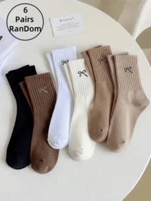 1/6 Pairs Women Neutral Color Bow Decor Mid-Calf Socks Christmas Gift - Multicolor - View 1