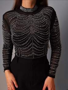 Luxury Women's Bodysuit Our Bodysuit In Tulle And Long Sleeve Premium Stones High Neck New Release - 黑色 - 查看 1