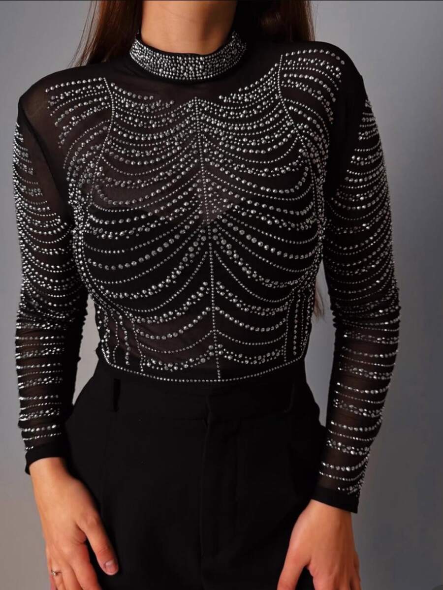 Luxury Women's Bodysuit Our Bodysuit In Tulle And Long Sleeve Premium Stones High Neck New Release - 黑色 - 查看 1