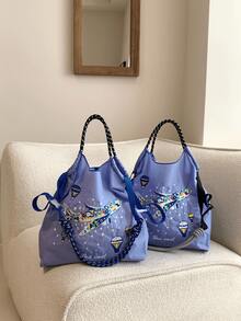 Neue Damen Umhängetasche, japanisch besticktes buntes Flugzeug Muster Shopper mit großer Kapazität, leicht faltbare Einkaufstasche geeignet für Pendeln, Reisen, Einkaufen, Dates, Überraschungsgeschenk, Weihnachtsgeschenk, Handtasche mit großer Kapazität, Pendlertasche, Damentasche