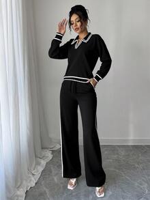 Conjunto de Suéter de Moda para Mujer - Top de Manga Larga y Pantalones Anchos - Variedad de Colores - Cálido y Cómodo - Ideal para el Otoño e Invierno - Negro - Ver 2