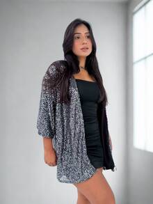 Women's Shiny Sequin Kimono For Festival, Metallic Blouse, Lined, Contrast Sequins - 銀色 - 查看 2