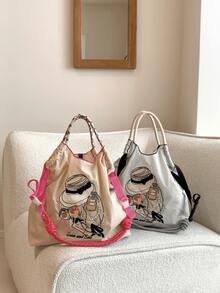 New Women's Tote Bag With Embroidered Fashion Pattern, Large Capacity Shoulder Bag With Adjustable Strap, Lightweight And Foldable Shopping Bag Suitable For Office, Commuting, Outdoor, Sports, Party, Surprise Gift, Big Capacity Handbag, Commuter Bag, Ladies Purse