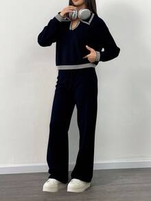 "Conjunto de Mujer de 2 Piezas - Top con Cuello en V y Pantalones Largos, Diseño Elegante, Multicolor, Larga Duración, Acolchado, Suave y Cálido" - Negro - Ver 3