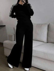 Juego de Suéter de Moda para Mujeres - Conjunta de Manga Larga y Pantalones Anchos, Variedad de Colores, Cálido y Cómodo, Perfecto para el Otoño e Invierno - Negro - Ver 2