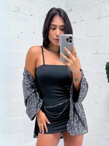 Women's Shiny Sequin Kimono For Festival, Metallic Blouse, Lined, Contrast Sequins - 銀色 - 查看 4