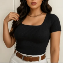 1 Simple Knitted Fabric Square Neck Blouse Night Travel Home Vacation Summer - màu đen - Xem 1