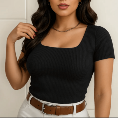 Blusa Feminina Canelada Decote Quadrado Manga Curta