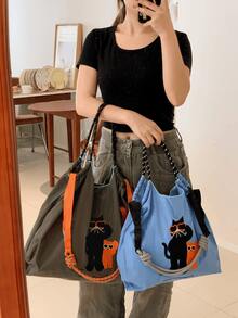 New Women's One Shoulder Bag, Japanese Embroidered Cat Design, Large Capacity Tote Bag, Lightweight And Foldable, Suitable For Commuting, Travel, Party, Surprise Gift, Christmas Gift, Large Capacity Handbag, Commuter Bag, Women's Bag