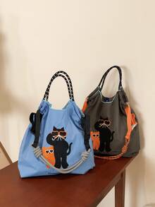 New Women's One Shoulder Bag, Japanese Embroidered Cat Design, Large Capacity Tote Bag, Lightweight And Foldable, Suitable For Commuting, Travel, Party, Surprise Gift, Christmas Gift, Large Capacity Handbag, Commuter Bag, Women's Bag