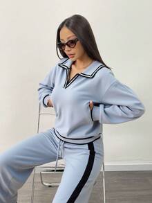 Conjunto de Suéter de Moda para Mujer - Top de Manga Larga y Pantalones Anchos - Variedad de Colores - Cálido y Cómodo - Ideal para el Otoño e Invierno - Gris - Ver 3