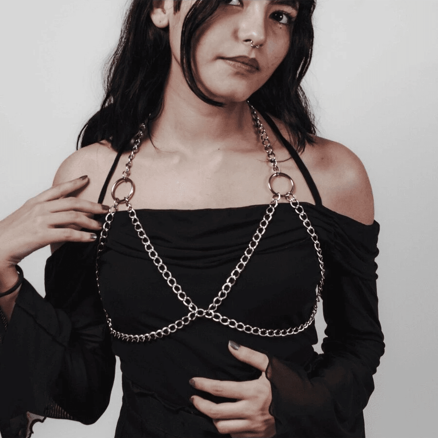 Body Chain Harness Correntes Prateadas Ajustável Estilo Alternativo Feminino