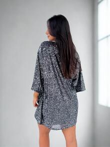 Women's Shiny Sequin Kimono For Festival, Metallic Blouse, Lined, Contrast Sequins - 銀色 - 查看 5