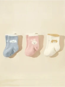 3 双装女婴可爱卡通兔子、熊、狗毛绒防滑柔软保暖透气袜子，适合秋冬季 - 彩色 - 查看 5