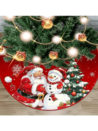 1-Pack Red Christmas Tree Skirt With Santa Claus And Snowman Pattern - Classic Snowflake Border, Drawstring Closure, Round Christmas Tree Base, Winter Party And Home Holiday Decorations (Fit Standard Christmas Trees), Christmas Ornaments, Christmas Tree Decorations