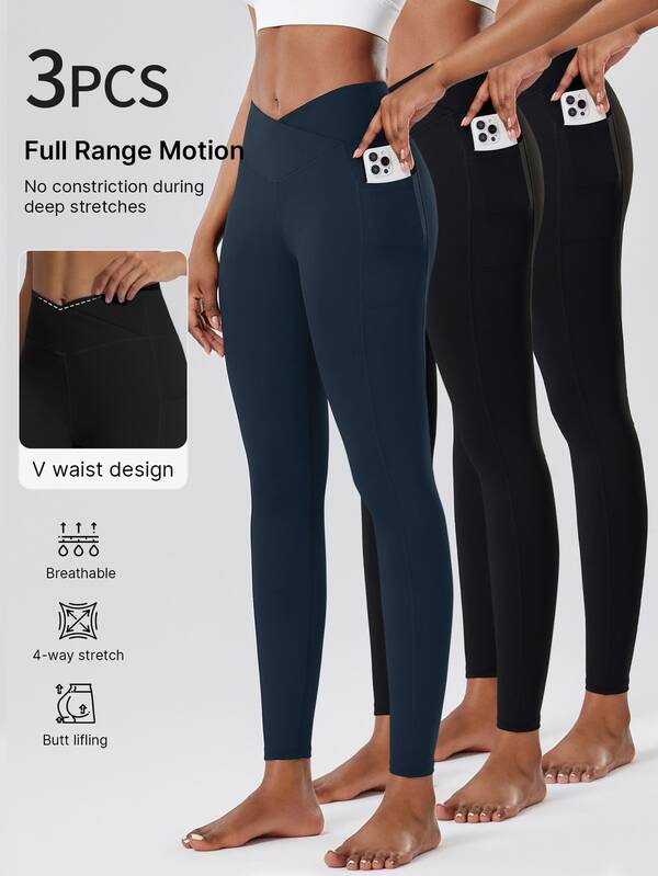 3pcs Women's High Waist Butt Lifting Leggings, Activewear Pants, Running Tights, Workout Leggings, With Criss-Cross Waist, Pockets, Stretchy, Soft, Breathable, Moisture-Wicking, Suitable For Gym, Yoga, Pilates, Outdoor, Casual, Sports, Running, Cycling, Tennis, Badminton, Soccer, Golf