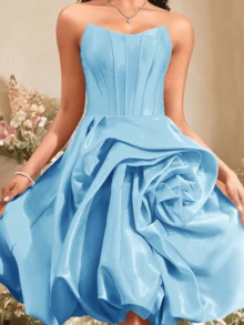 VIPGIRL Elegant Blue Strapless Satin Gown With 3D Floral Applique, Asymmetrical Rose Skirt, Short Formal Dress, Women's Cocktail Dress - Blue - View 7