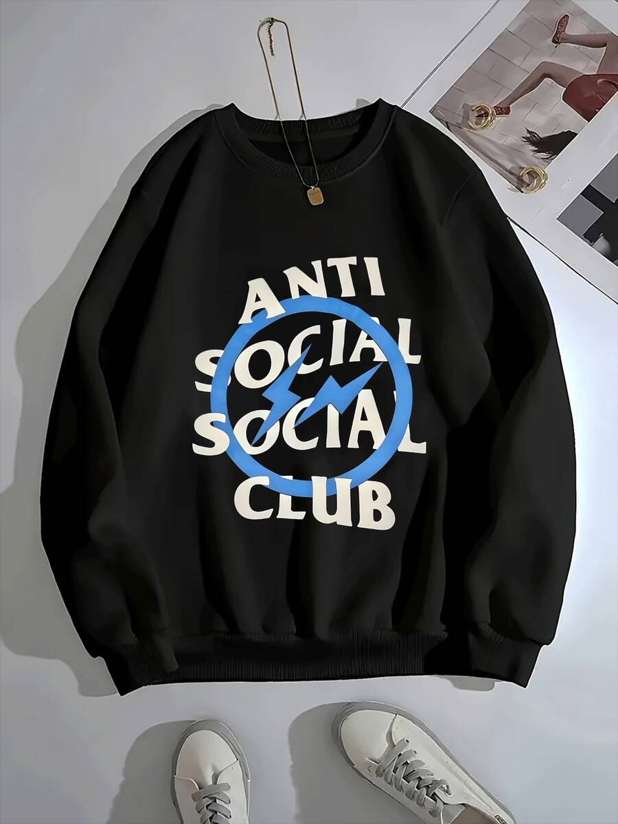 Women's Pullover Hoodie Featuring Anti Social Club Graphic With Lightning Bolt In A Blue Circle,Casual Fit Hooded Sweatshirt - màu đen - Xem 1