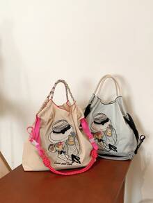 New Women's Tote Bag With Embroidered Fashion Pattern, Large Capacity Shoulder Bag With Adjustable Strap, Lightweight And Foldable Shopping Bag Suitable For Office, Commuting, Outdoor, Sports, Party, Surprise Gift, Big Capacity Handbag, Commuter Bag, Ladies Purse