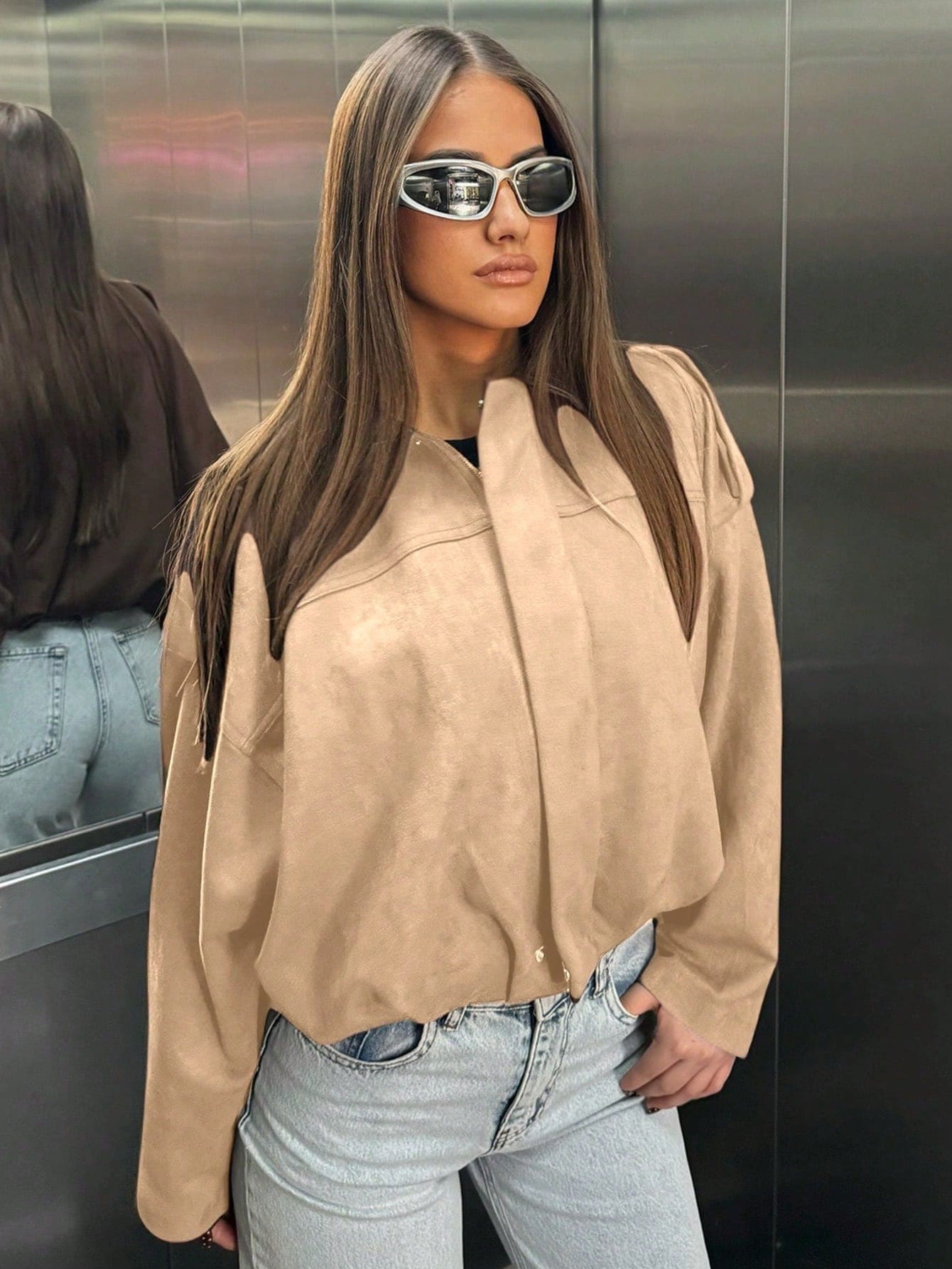 MUMRAP Women Casual Street Fashion Turndown Collar Jacket Vintage Long Sleeve Zipper Loose Coat - 卡其色 - 查看 1