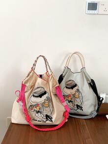 New Women's Tote Bag With Embroidered Fashion Pattern, Large Capacity Shoulder Bag With Adjustable Strap, Lightweight And Foldable Shopping Bag Suitable For Office, Commuting, Outdoor, Sports, Party, Surprise Gift, Big Capacity Handbag, Commuter Bag, Ladies Purse