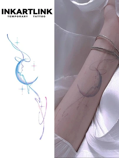 INKARTLINK INKARTINK 蓝色和紫色星月丝带临时纹身，防水 2-5 天，彩色水转印假纹身贴纸，小众设计装饰
