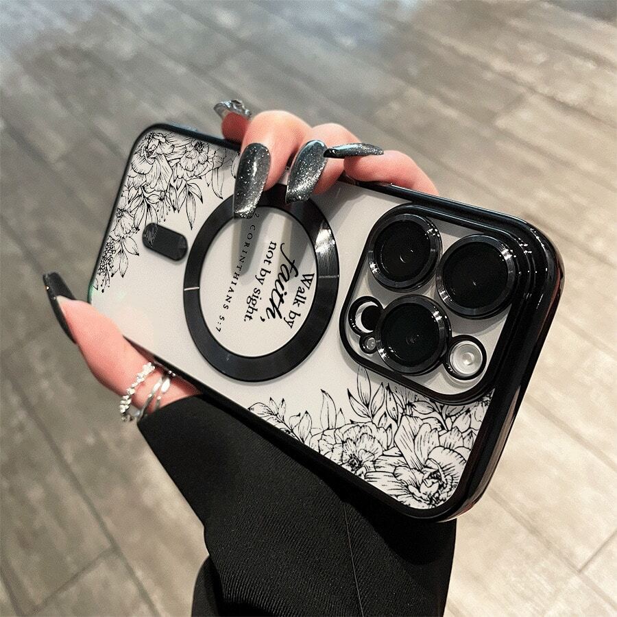 Teléfono con lente integral Black Flowers, chapado en electromagnéticamente, compatible con carga inalámbrica magnética y compatible con phone 16 Pro Max, 16, 15 Pro, 14, 14 Plus/14 Pro Max, 13, 13 Pro, 12 Pro, 11/11 Pro y serie Pro. Es un excelente teléfono para amigos, cumpleaños y festividades. - Negro - Ver 1