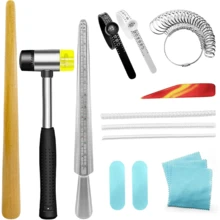 أداة قياس حجم الخاتم، طقم أداة تحديد حجم الخاتم المعدني، مجموعة أدوات إصلاح وإعادة تشكيل الخواتم المنحنية، مجموعة أدوات إصلاح الخواتم تشمل سكين أجات ومطرقة مجوهرات