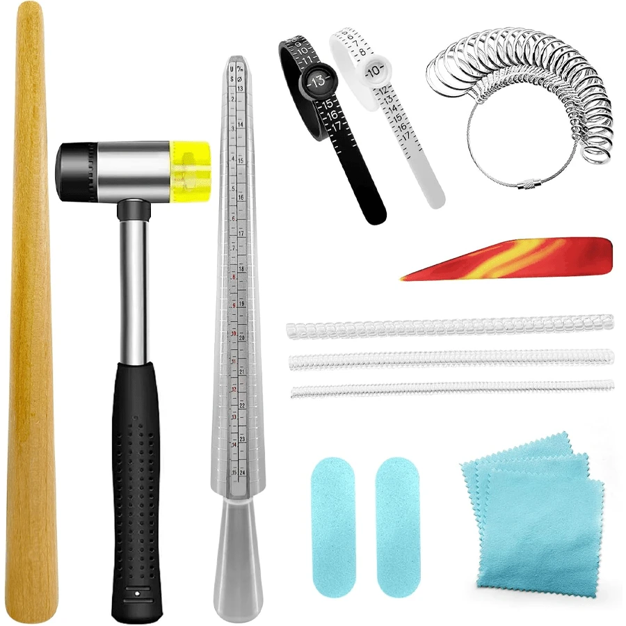 أداة قياس حجم الخاتم، طقم أداة تحديد حجم الخاتم المعدني، مجموعة أدوات إصلاح وإعادة تشكيل الخواتم المنحنية، مجموعة أدوات إصلاح الخواتم تشمل سكين أجات ومطرقة مجوهرات