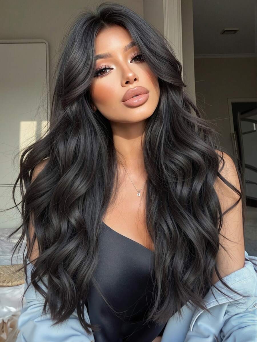 24-Inch Long Black Wavy Wigs For Women Black Curly Wigs With Air Bangs Water Wave Wig Synthetic Heat Resistant Fiber Wig For Daily Party Use