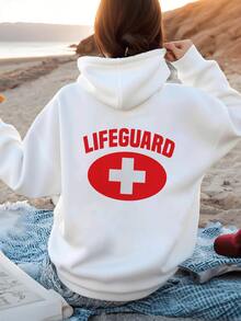 Women's Stylish Hoodie With Lifeguard Logo,Casual Pullover Sweatshirt With Graphic,Comfortable And Fashionable Hooded Top For Ladies - 白色 - 查看 2