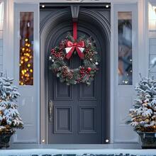 1pc Polyester Festive Christmas Door Frame Decor, 35.4x70.8 Inches, Classic Style Wreath With Bell & Bow, Indoor & Outdoor Party Supplies, No Feather, No Power Needed - Multicolor - View 2