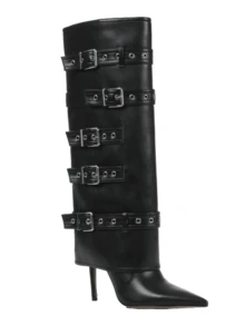 Punk Fashion Women's Knee High Boots Pointed Toe Multi Buckle Straps Stiletto High Heels Tall Booties Party Dressy Occasions Fall Winter Wide Calf Long Boots - 黑色 - 查看 5