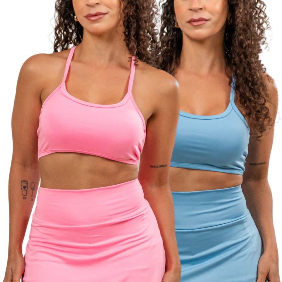 2 Top Fitness Nadador Alça Fina Para Treino Caminhada Volei Academia Dia a Dia Valoriza as Costa - Azul+Rosa Claro - Visão 1