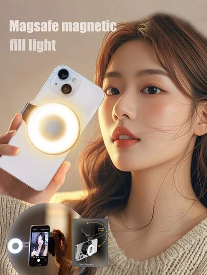 Lumină magnetică 3 în 1 pentru selfie-uri pentru telefon, inel LED pliabil, lampă de buzunar portabilă, oglindă de machiaj, suport pentru telefon, 3 niveluri de luminozitate, reîncărcabilă, potrivită pentru fotografie/vlog/machiaj/apeluri video, cadou pentru familie și prieteni (1 buc/inel, pătrat, stil simplu, negru/alb/roz)