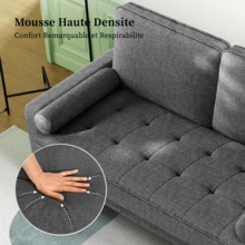 2-Seater Sofa, 121 Cm Linen Sofa With Feather Cushions, Mini Room With Armrests, Modern Living Room Loveseat, Fixed 2-Seater Loveseat - 灰色 - 查看 4